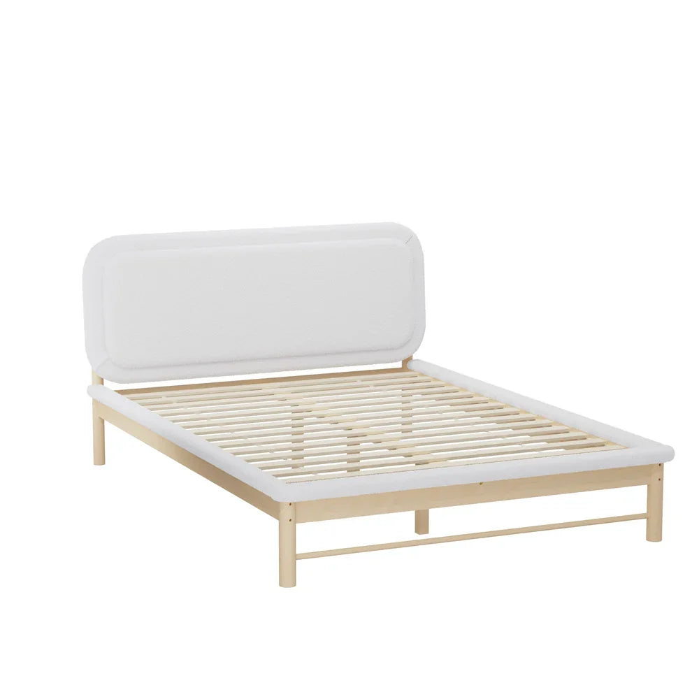 Wooden Bed Frame Boucle Upholstery Headboard Pine Base Queen