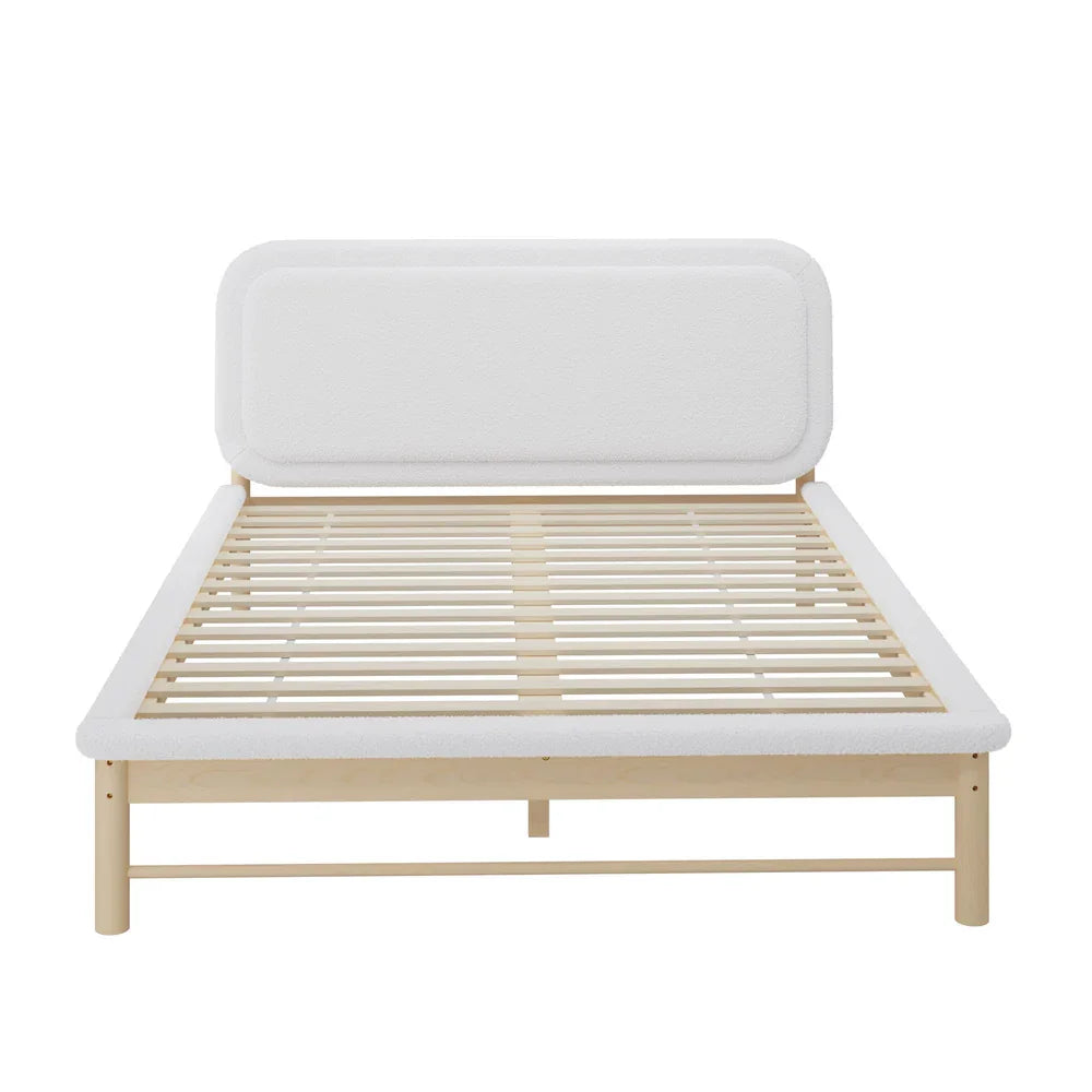Wooden Bed Frame Boucle Upholstery Headboard Pine Base Queen
