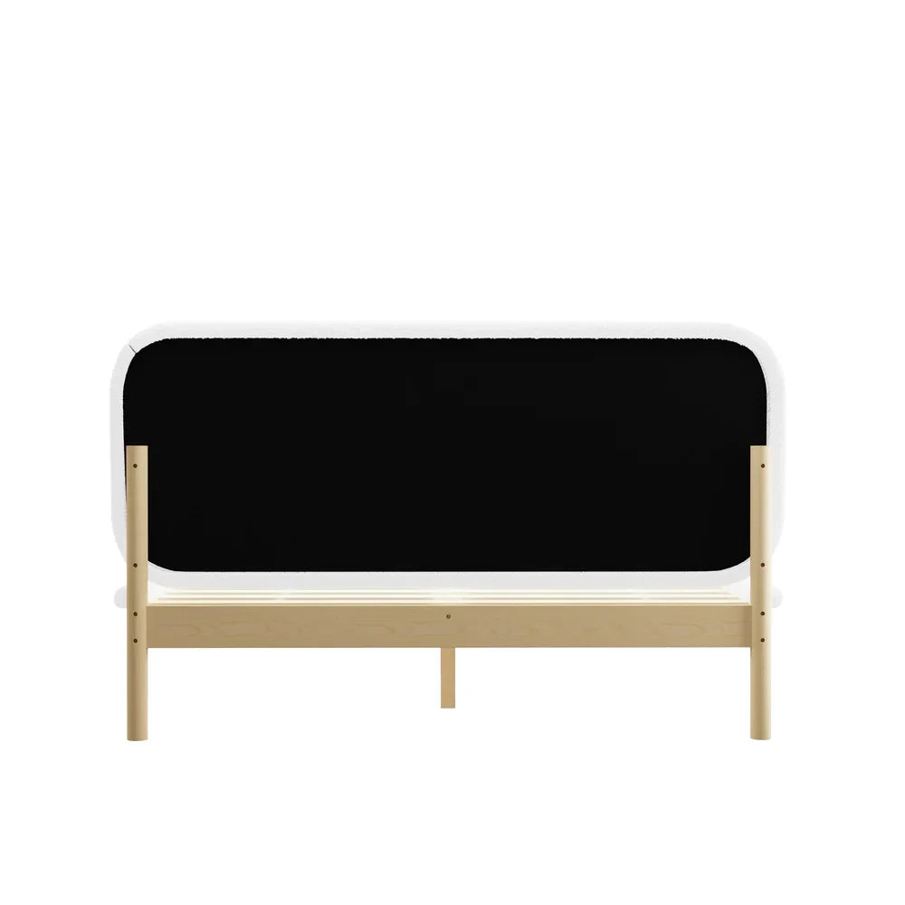 Wooden Bed Frame Boucle Upholstery Headboard Pine Base Queen