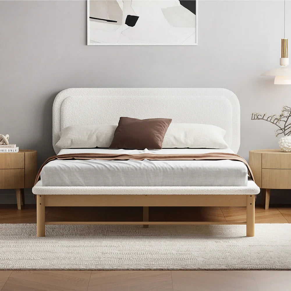 Wooden Bed Frame Boucle Upholstery Headboard Pine Base Queen
