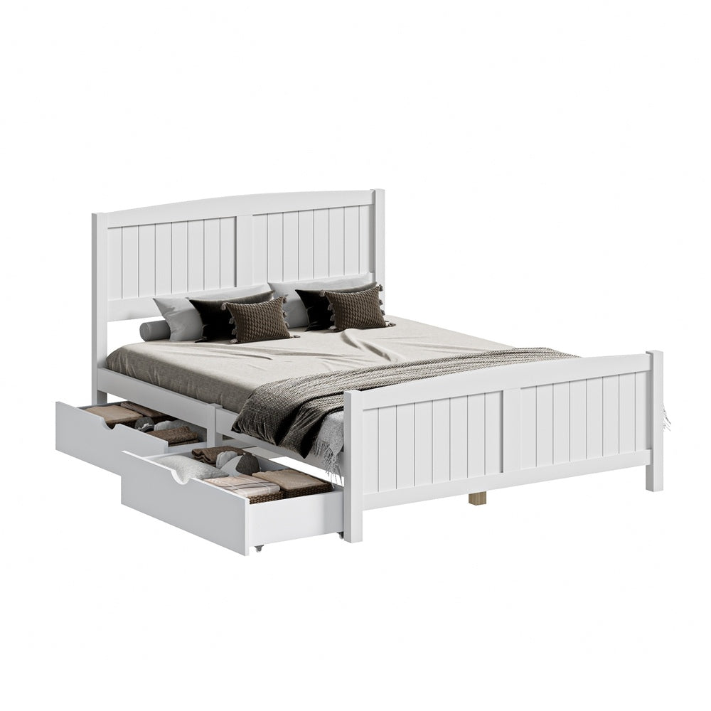 Wooden Bed Frame Double Size with Trundle Drawers White