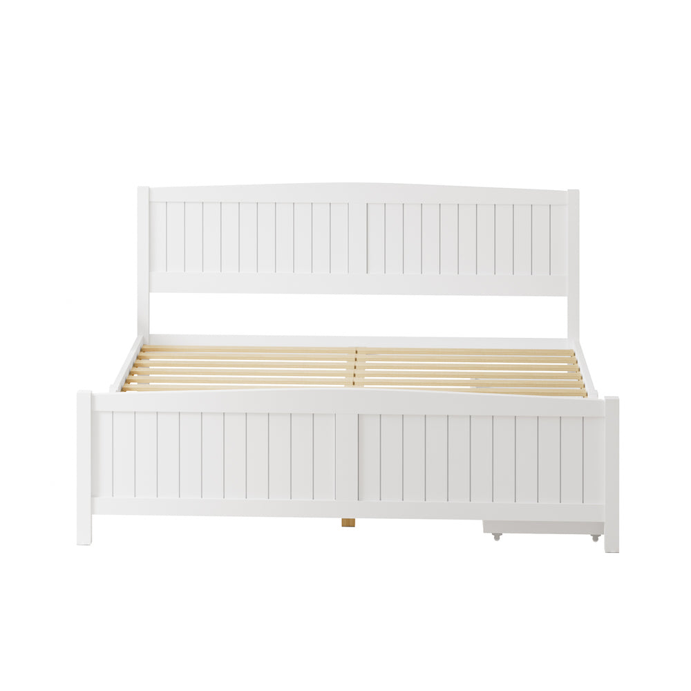 Wooden Bed Frame King Size with Trundle Drawers White