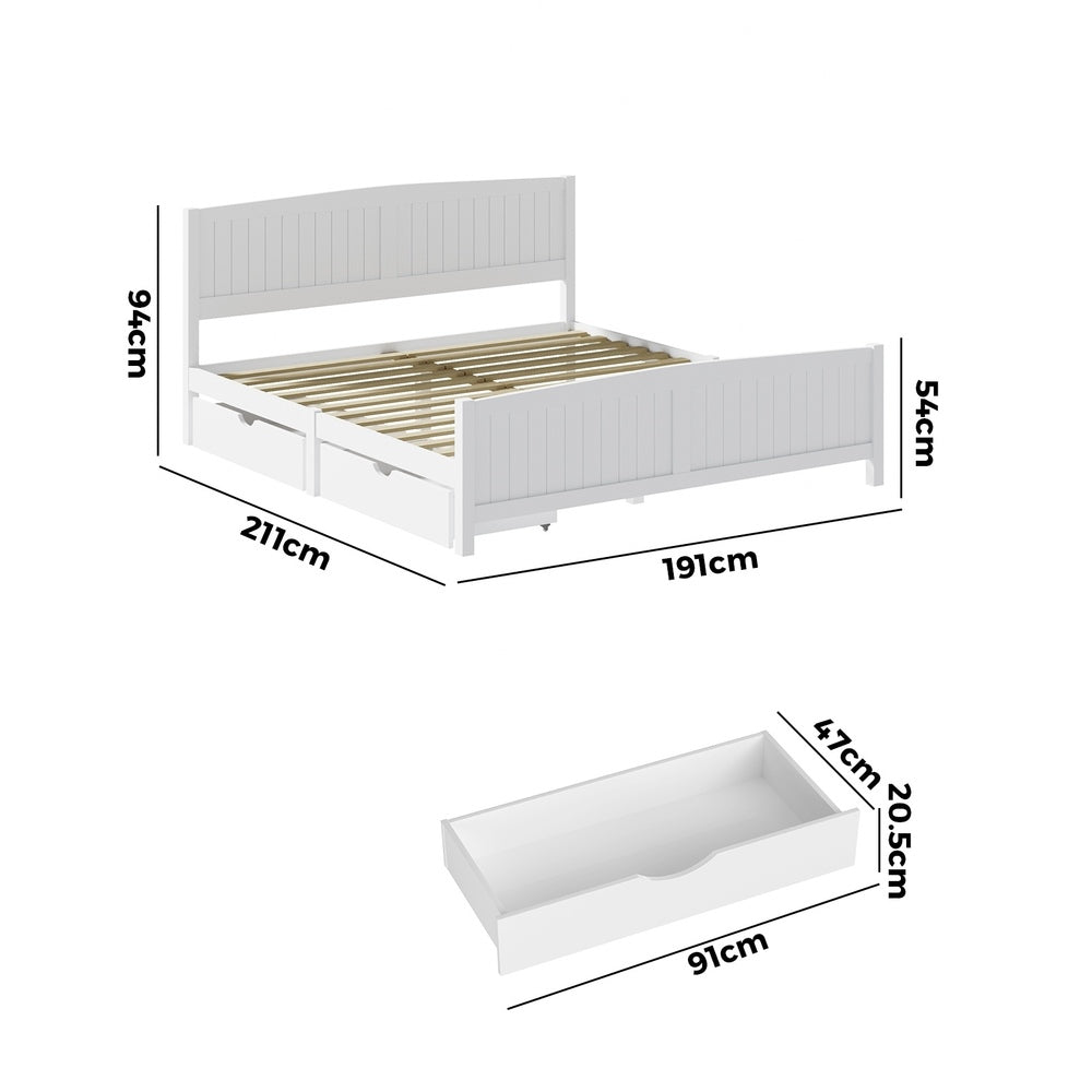 Wooden Bed Frame King Size with Trundle Drawers White