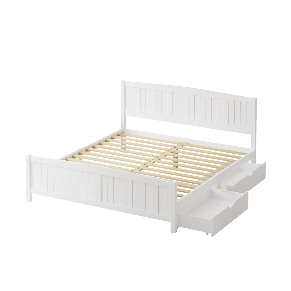 Wooden Bed Frame King Size with Trundle Drawers White