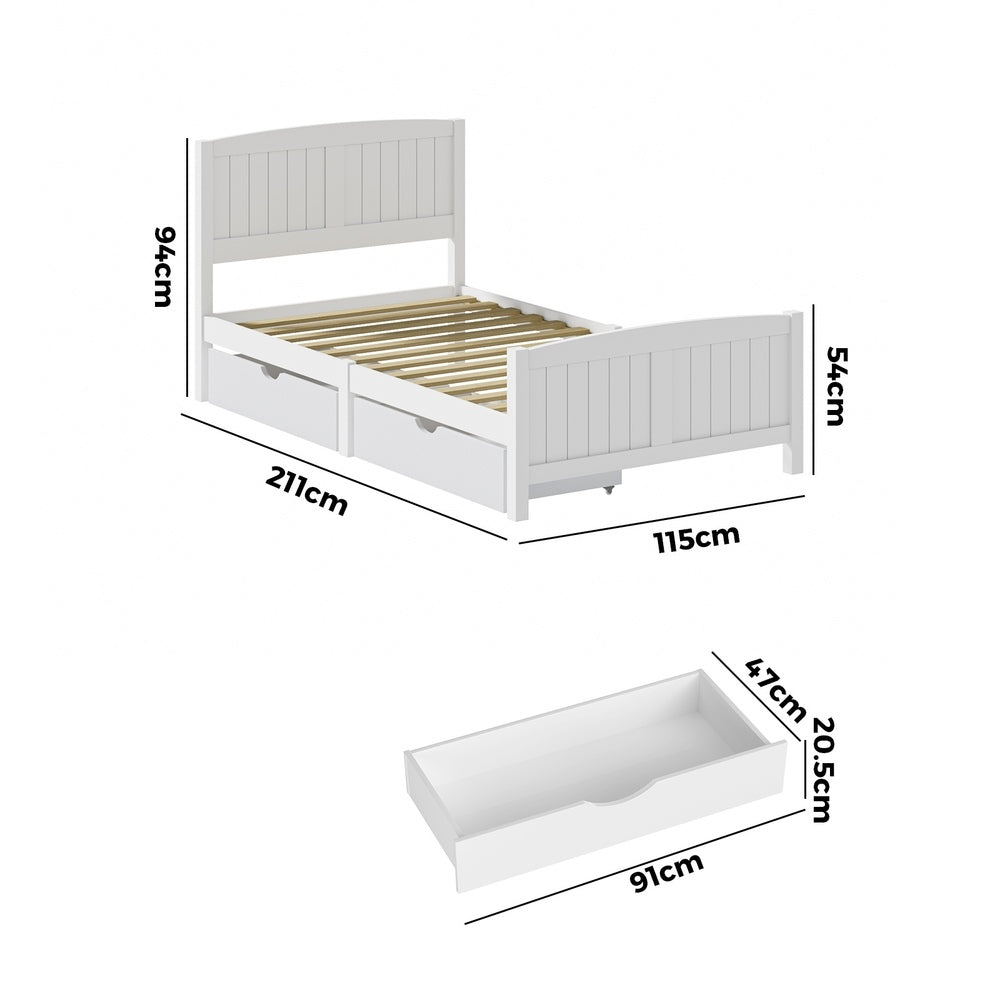Wooden Bed Frame King Single with Trundle Drawers White