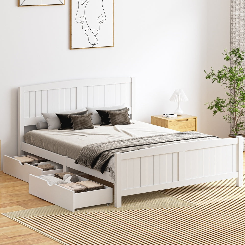 Wooden Bed Frame Queen Size with Trundle Drawers White