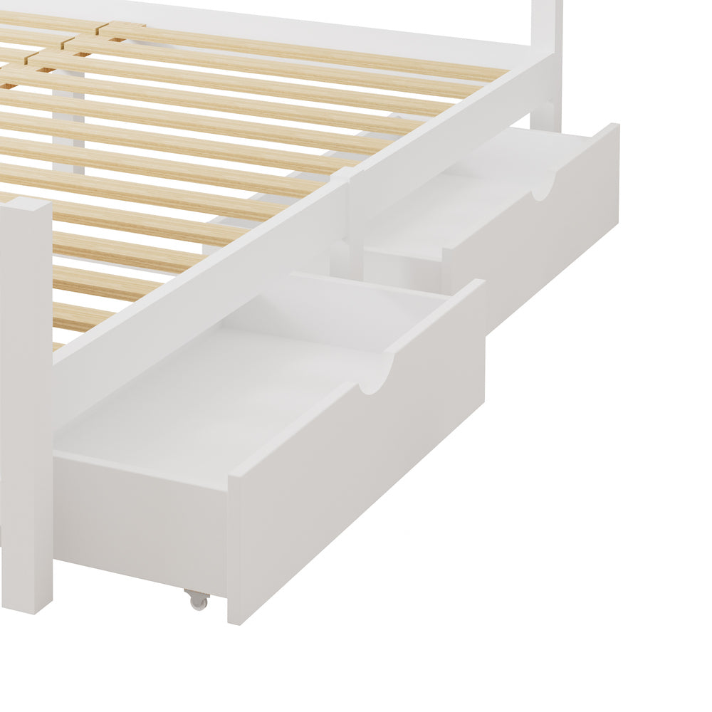 Wooden Bed Frame Queen Size with Trundle Drawers White