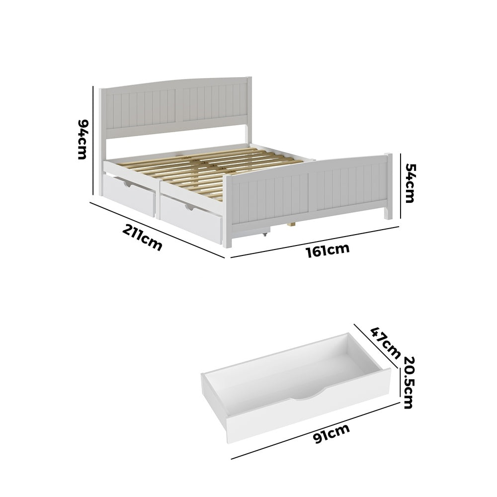 Wooden Bed Frame Queen Size with Trundle Drawers White
