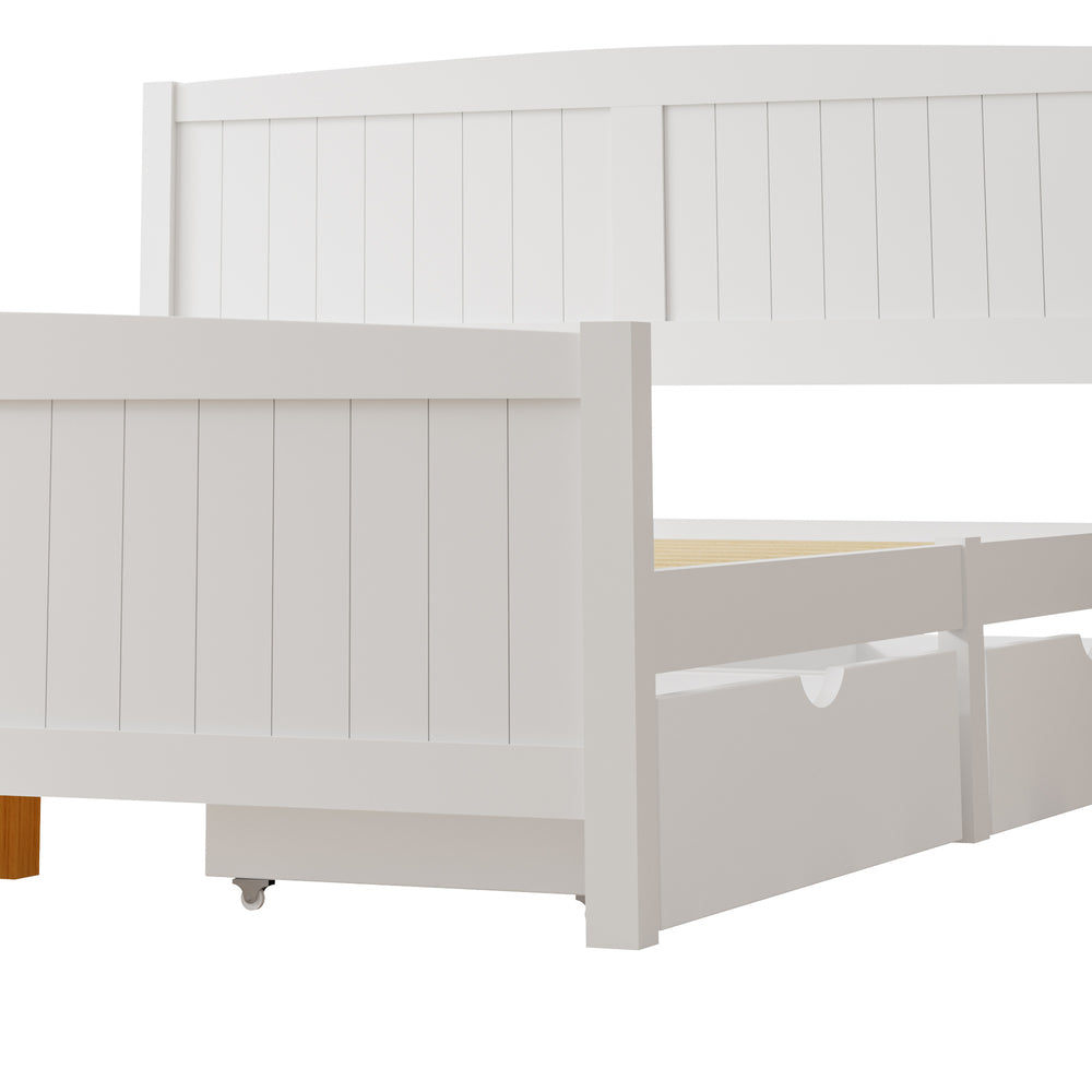 Wooden Bed Frame Queen Size with Trundle Drawers White