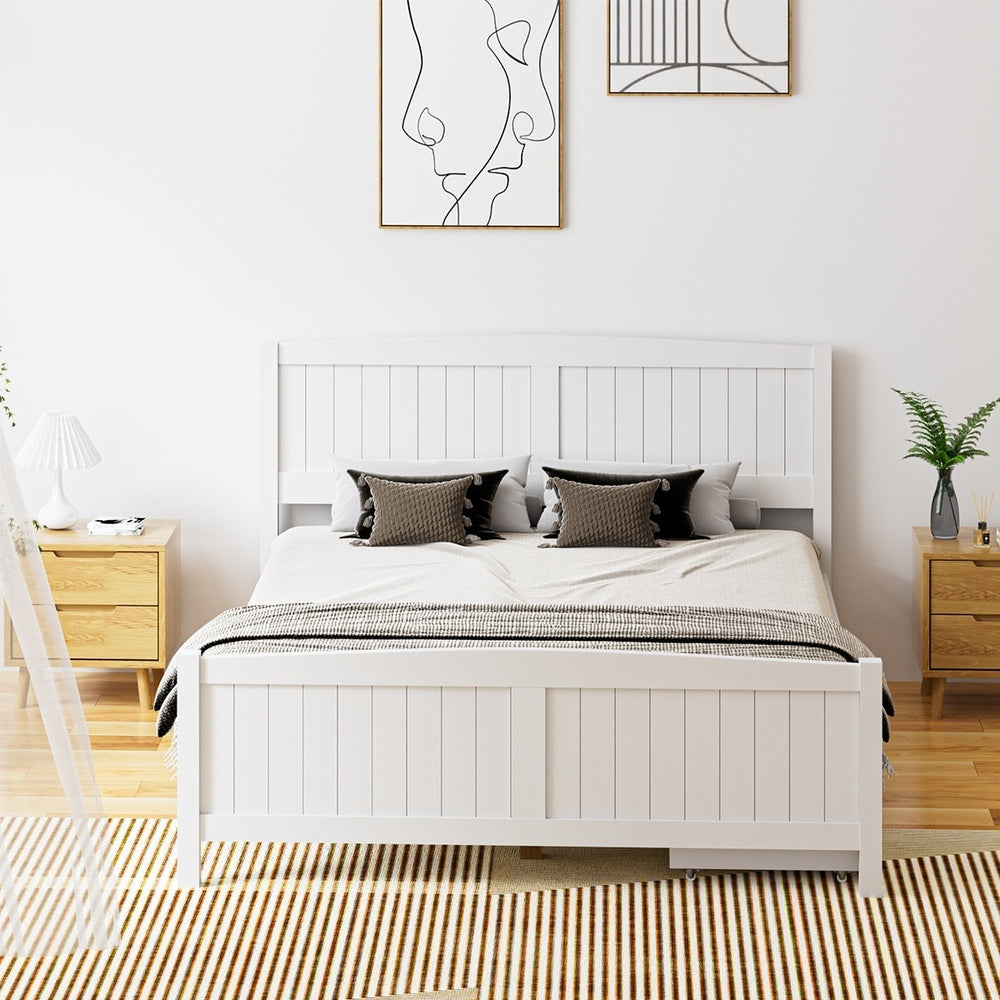 Wooden Bed Frame Queen Size with Trundle Drawers White