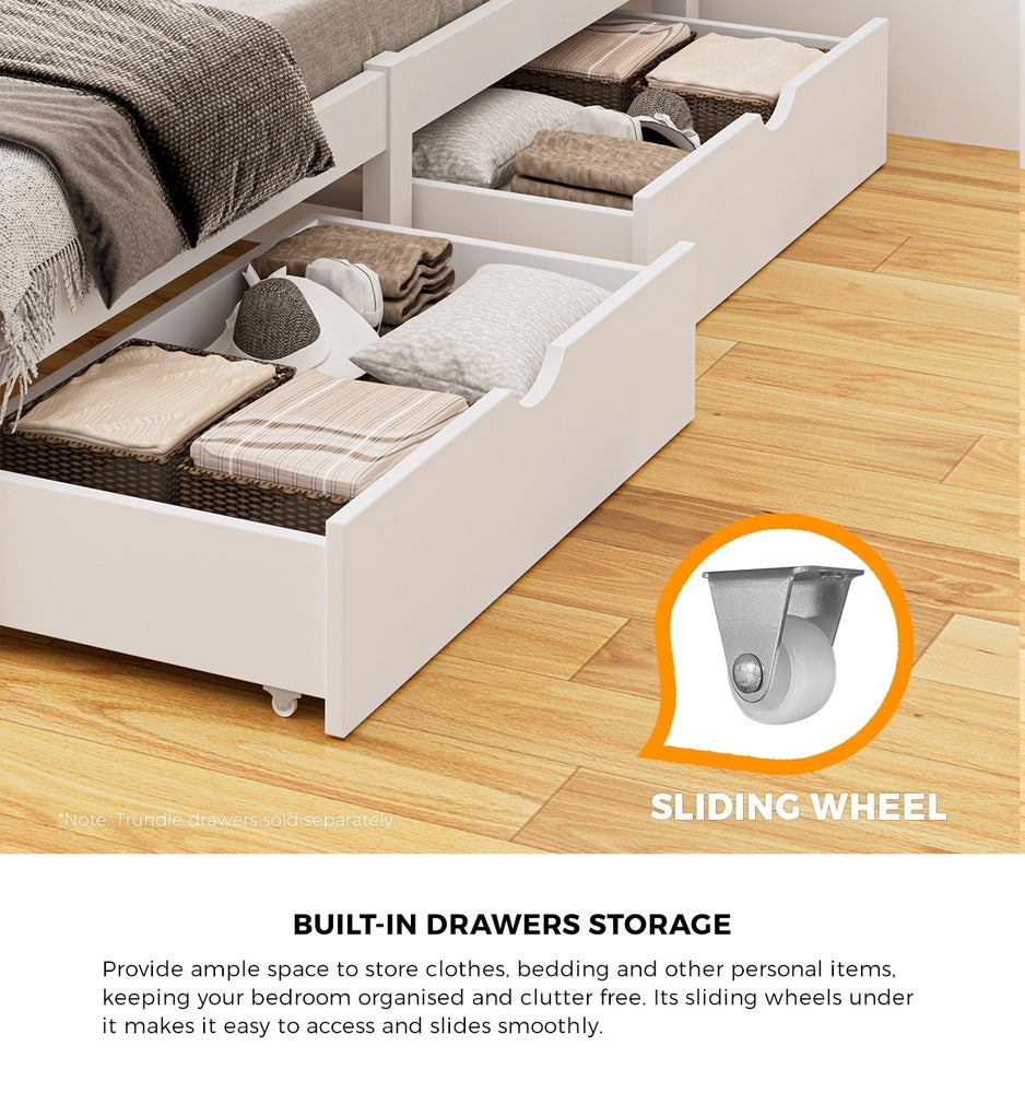 Wooden Bed Frame Queen Size with Trundle Drawers White