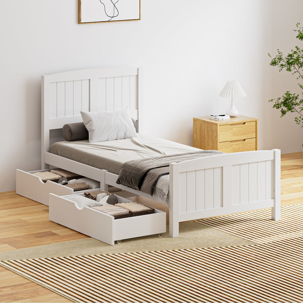 Wooden Bed Frame Single Size with Trundle Drawers White