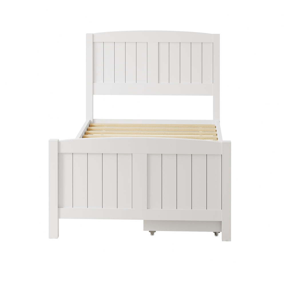 Wooden Bed Frame Single Size with Trundle Drawers White