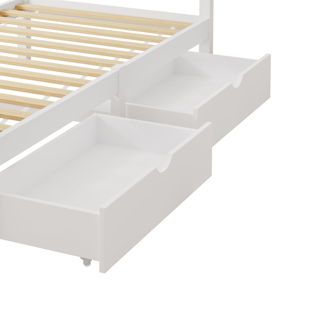 Wooden Bed Frame Single Size with Trundle Drawers White