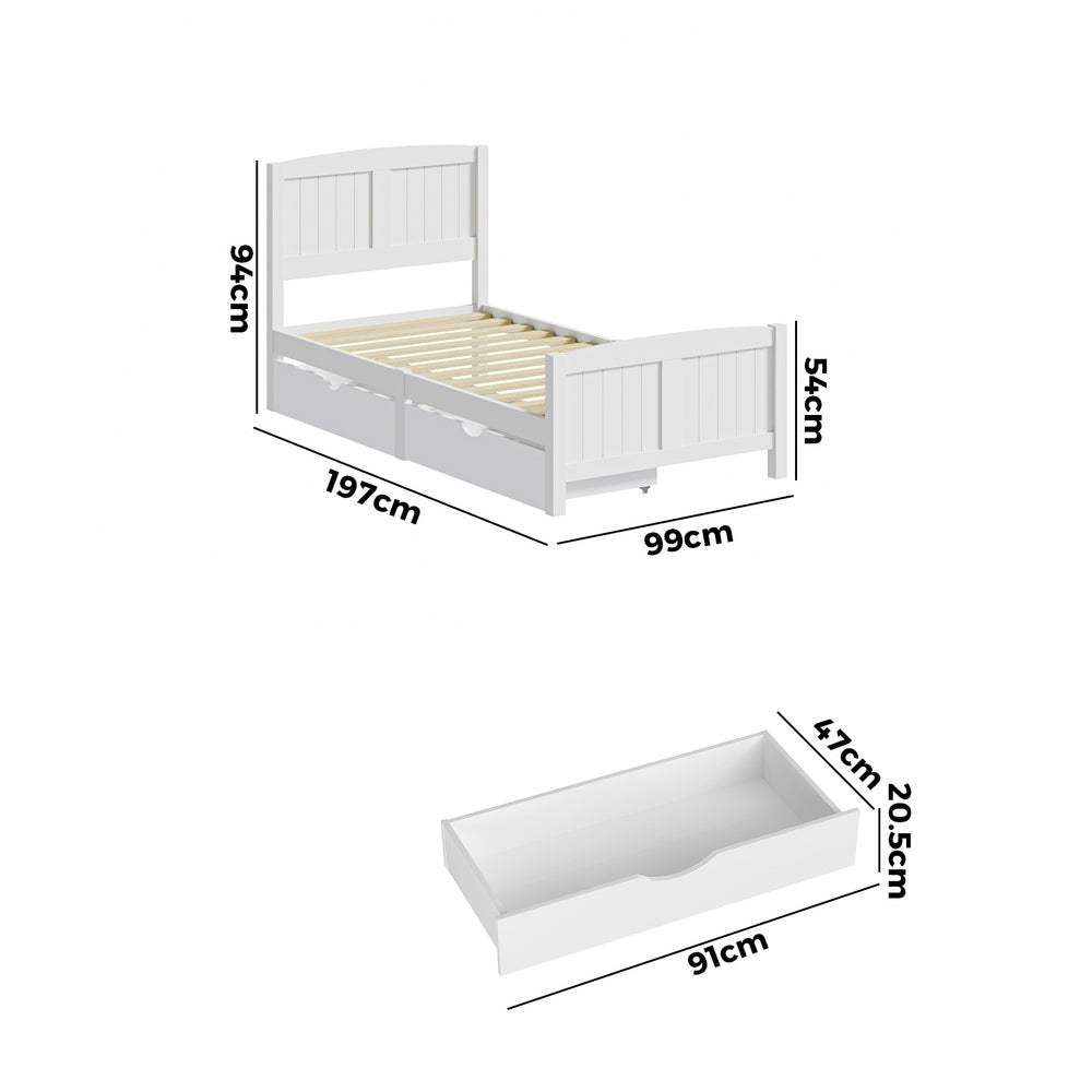 Wooden Bed Frame Single Size with Trundle Drawers White
