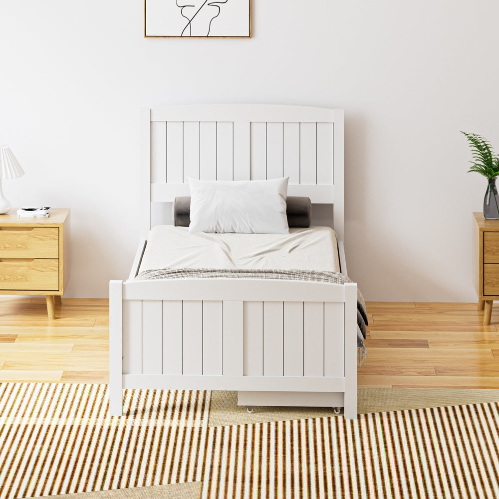 Wooden Bed Frame Single Size with Trundle Drawers White