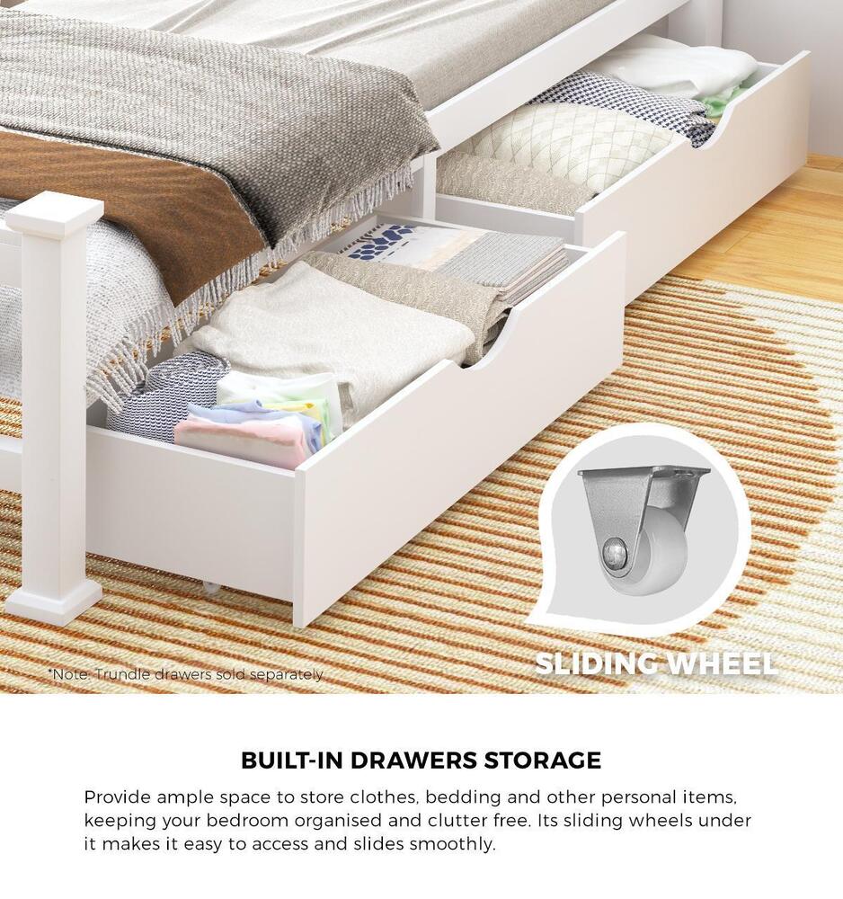 Oikiture Wood Double Bed Frame with 2 Storage Drawers White