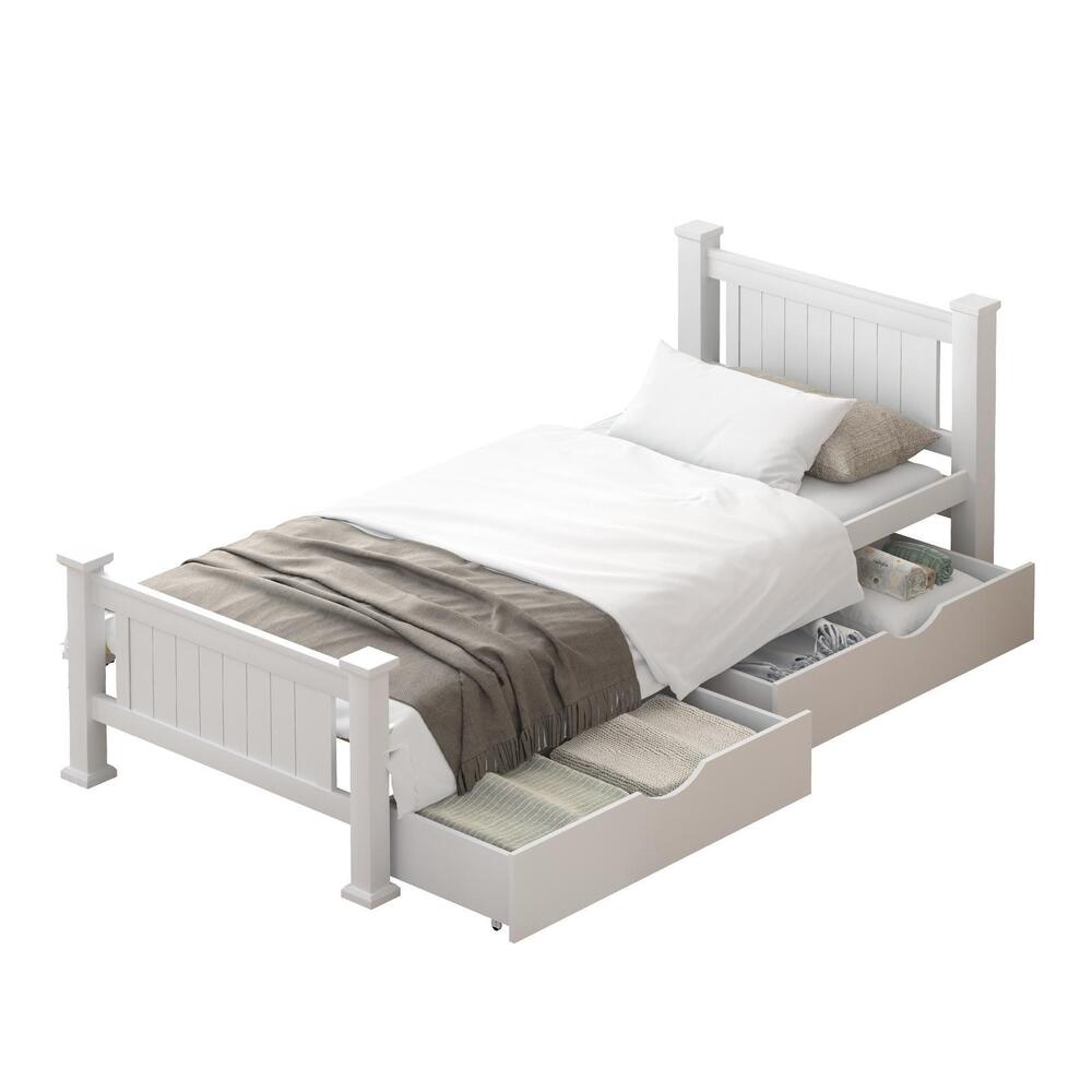 Oikiture Wood King Single Bed Frame with 2 Storage Drawers White