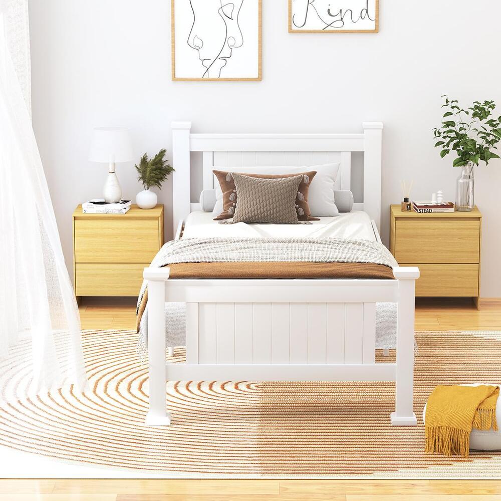 Oikiture Wood King Single Bed Frame with 2 Storage Drawers White