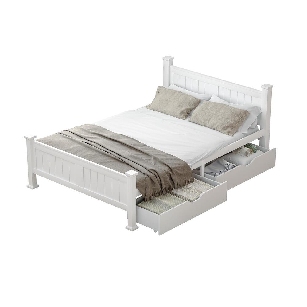 Oikiture Wood Queen Bed Frame with 2 Storage Drawers White