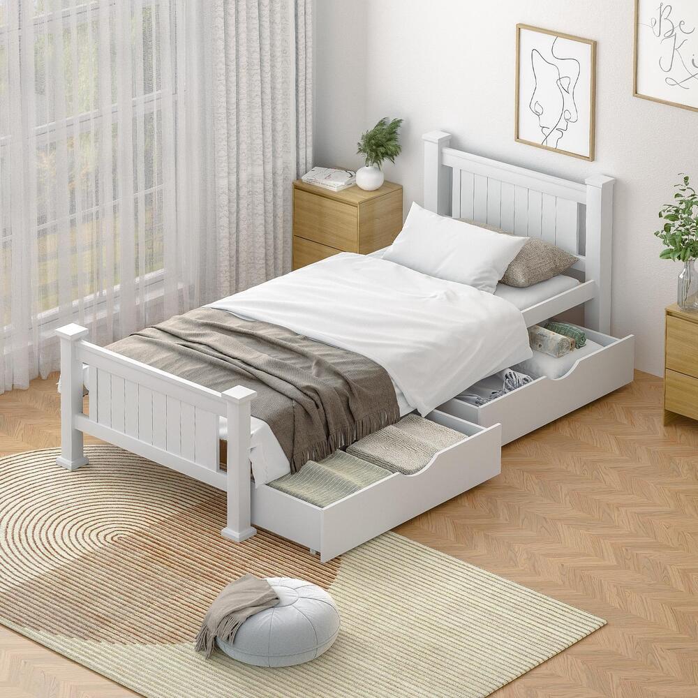Oikiture Wood Single Bed Frame with 2 Storage Drawers White