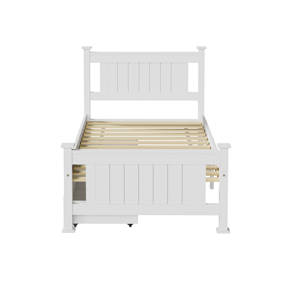 Oikiture Wood Single Bed Frame with 2 Storage Drawers White