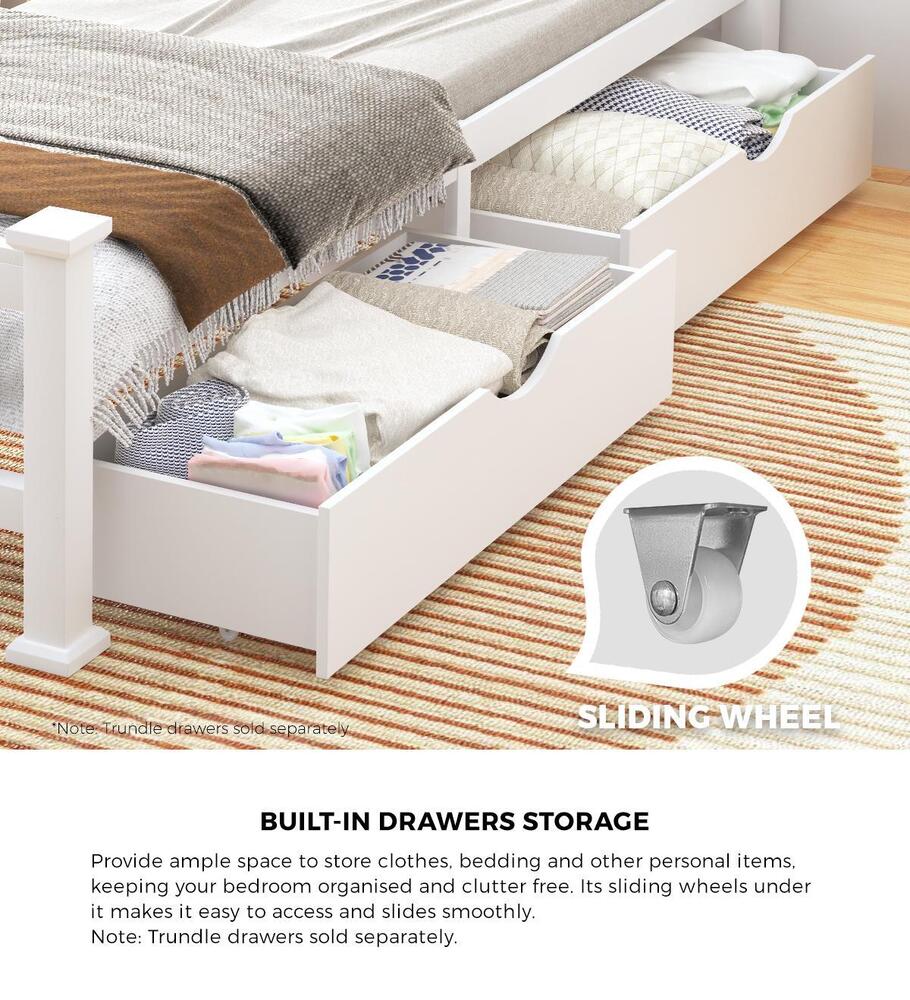 Oikiture Wood Single Bed Frame with 2 Storage Drawers White