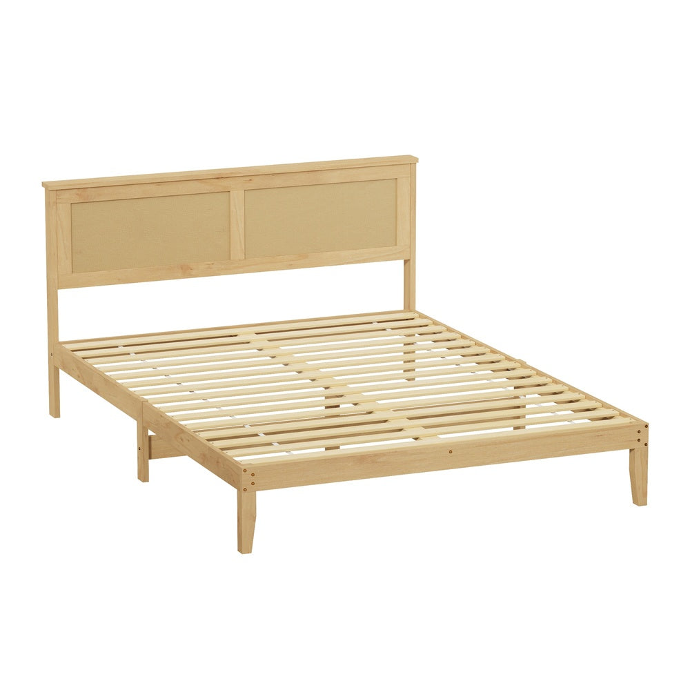 Oikiture Double Size Wooden Bed Frame & Wicker Rattan Headboard