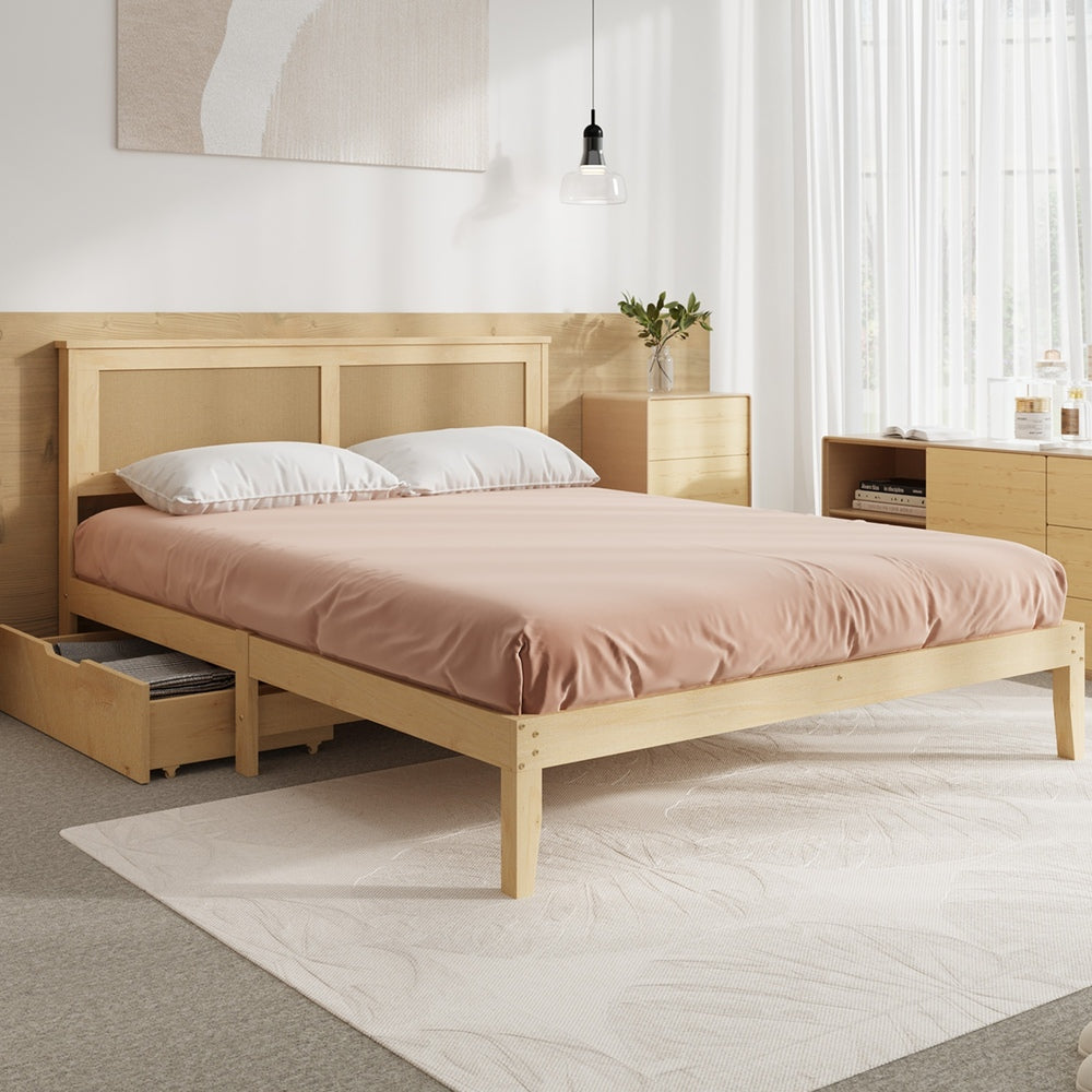 Double Wooden Bed Frame with 2 Drawers Rattan Headboard