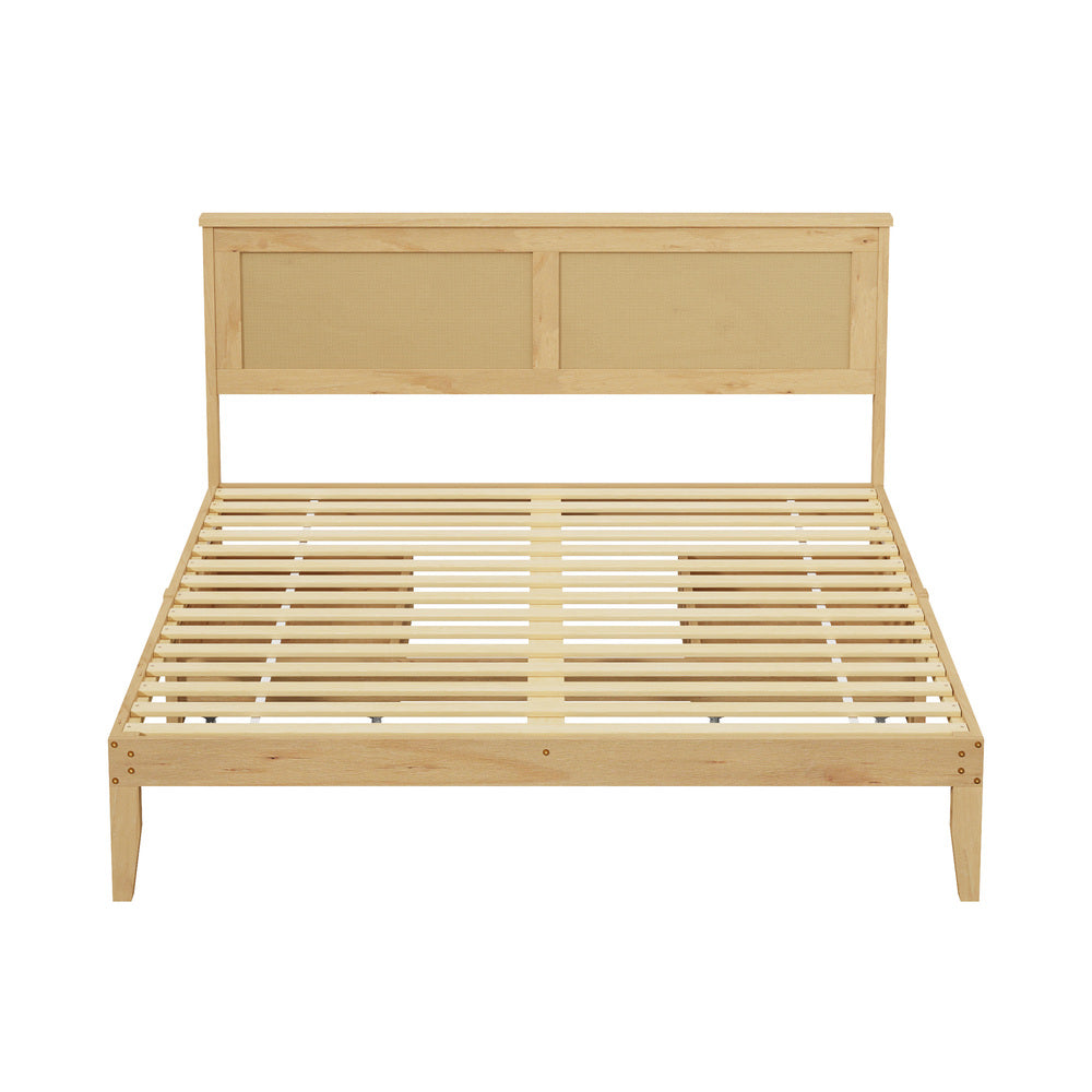 Double Wooden Bed Frame with 2 Drawers Rattan Headboard