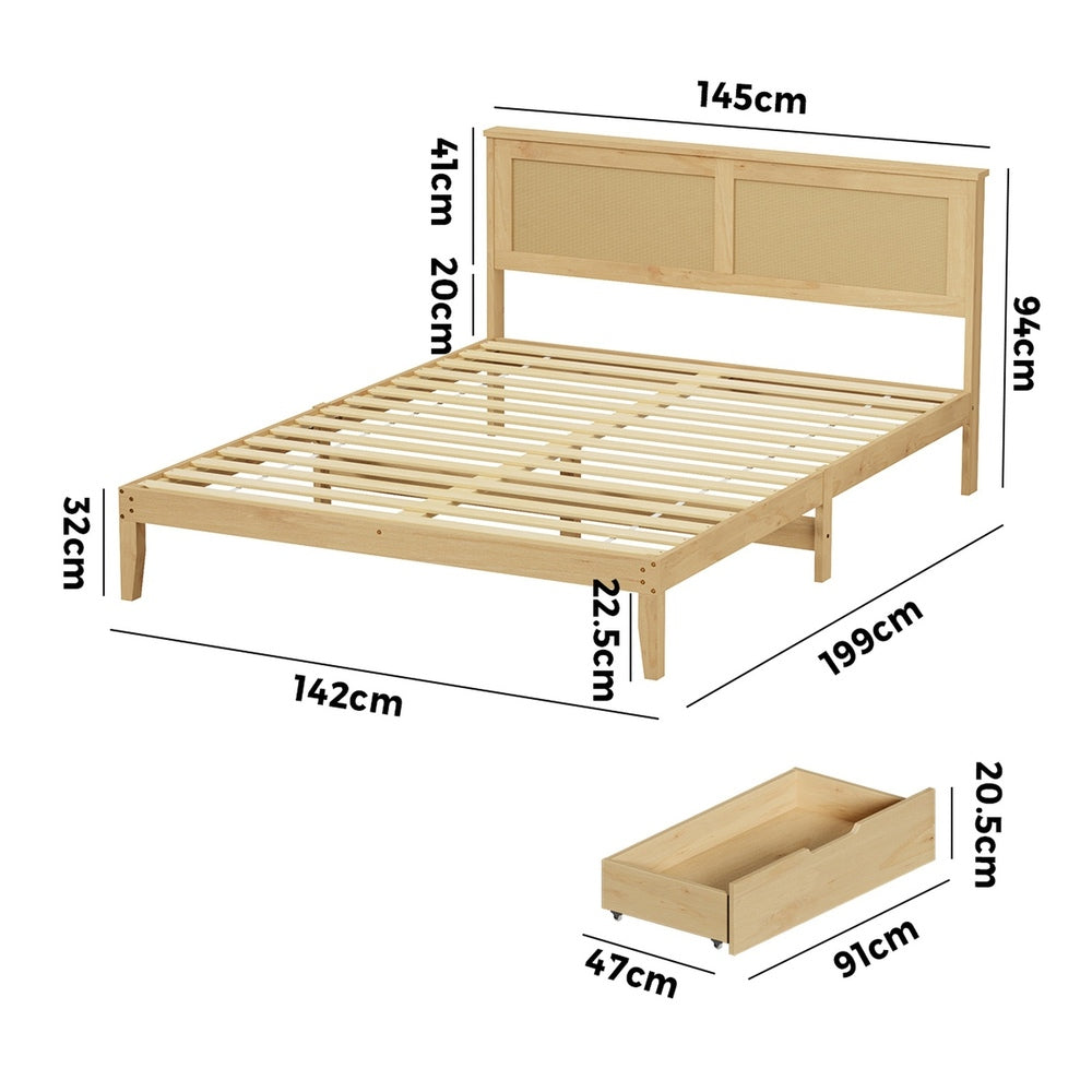 Double Wooden Bed Frame with 2 Drawers Rattan Headboard