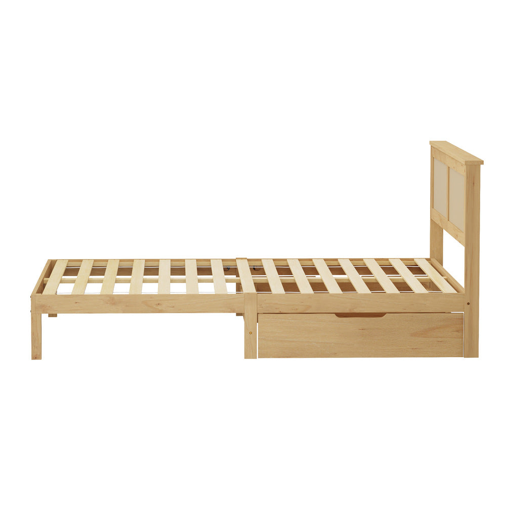 Double Wooden Bed Frame with 2 Drawers Rattan Headboard