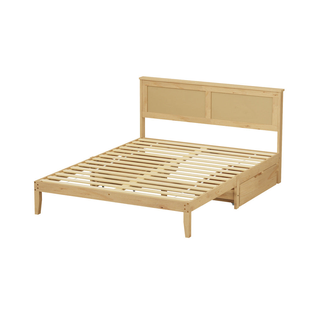 Double Wooden Bed Frame with 2 Drawers Rattan Headboard