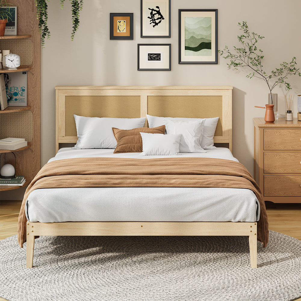 Double Wooden Bed Frame with 2 Drawers Rattan Headboard