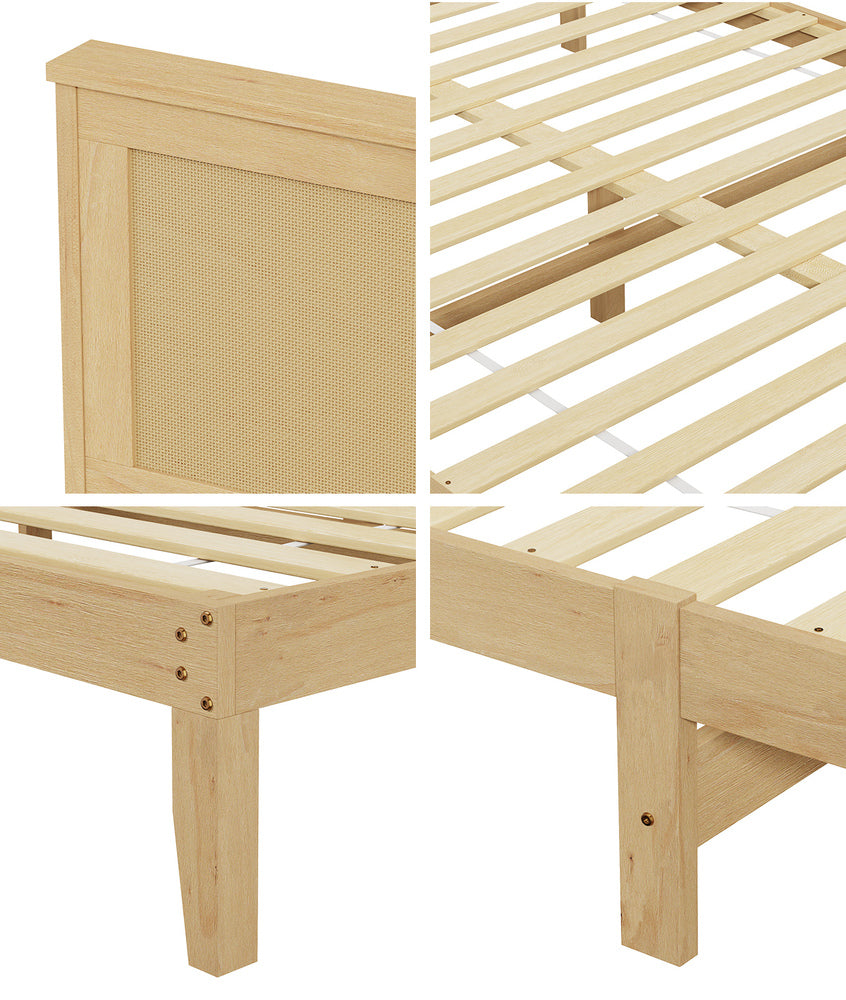 Oikiture Double Size Wooden Bed Frame & Wicker Rattan Headboard