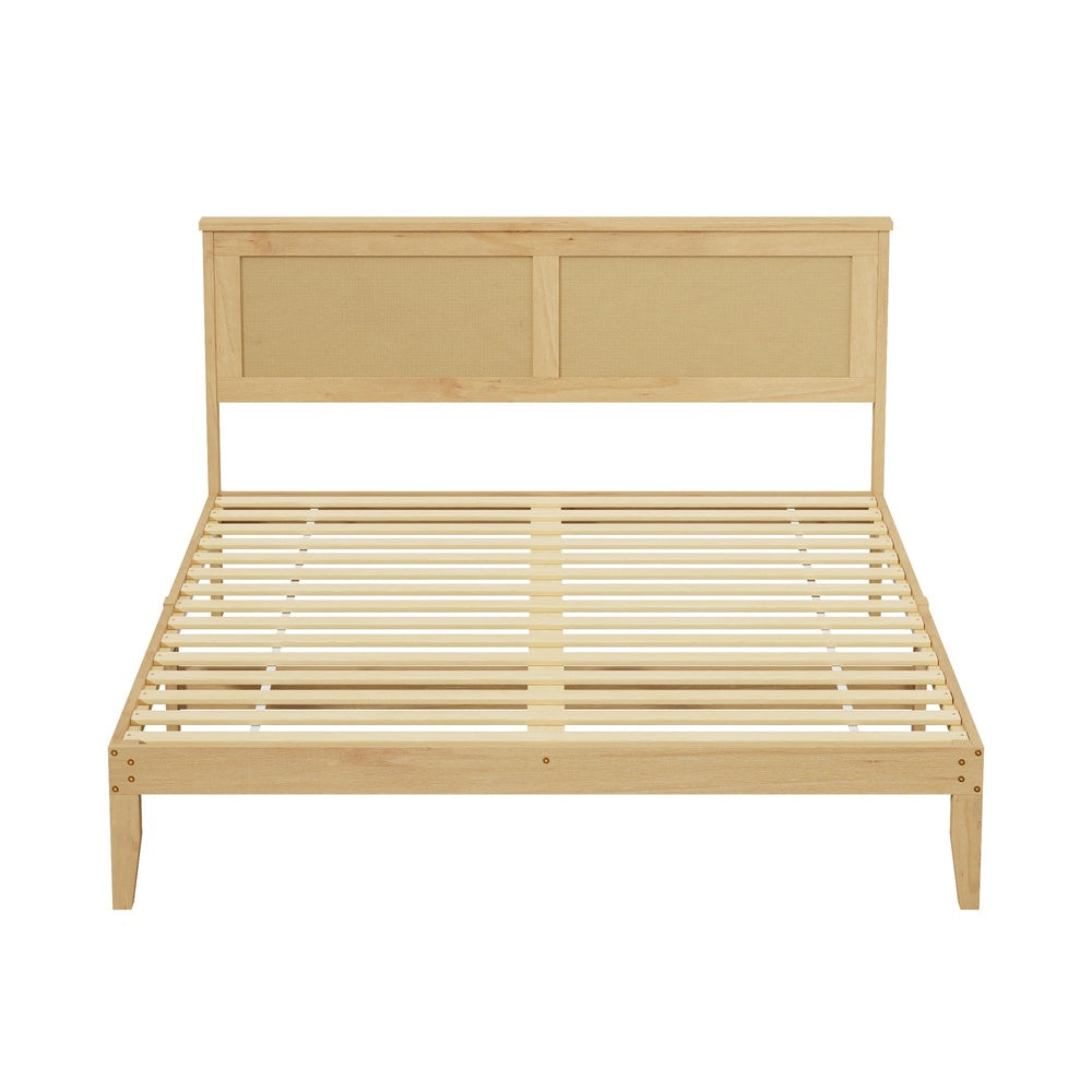 Queen Size Wooden Bed Frame & Wicker Rattan Headboard
