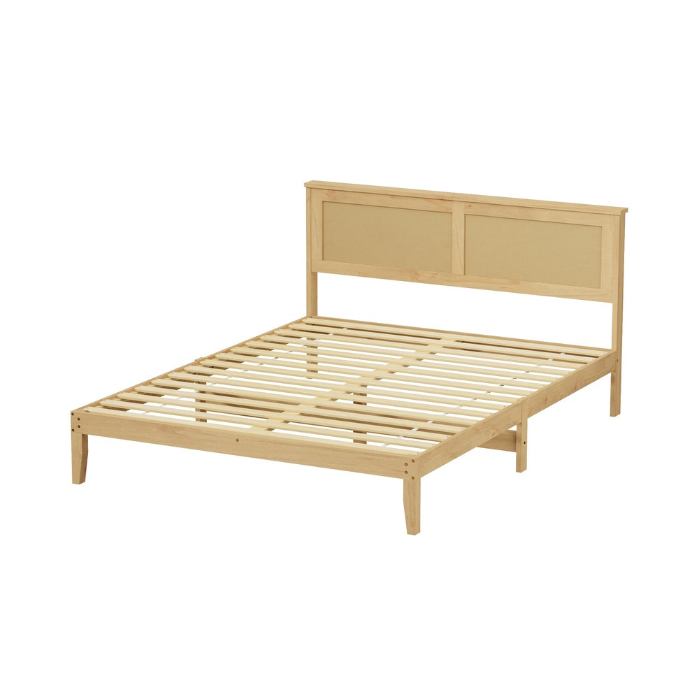 Queen Size Wooden Bed Frame & Wicker Rattan Headboard