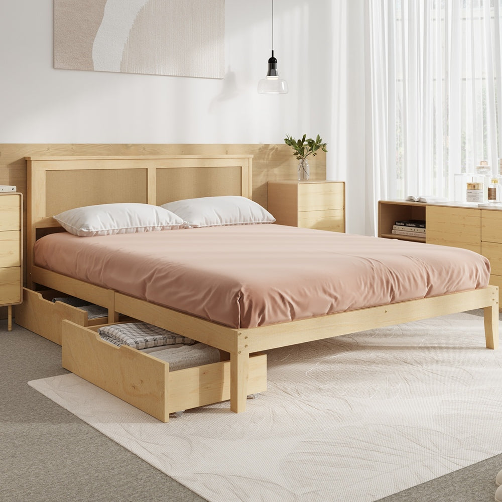 Queen Wooden Bed Frame with 2 Drawers & Rattan Headboard, Natural Colour