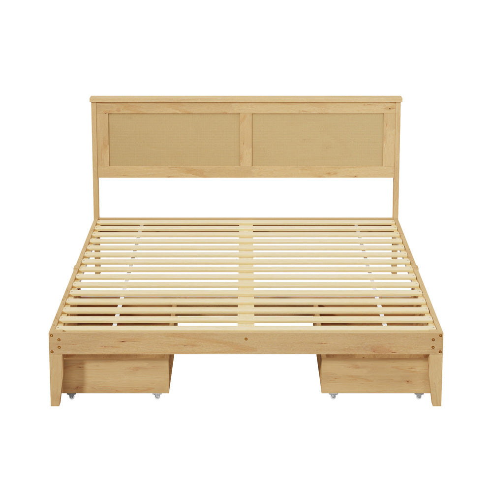 Queen Wooden Bed Frame with 2 Drawers & Rattan Headboard, Natural Colour