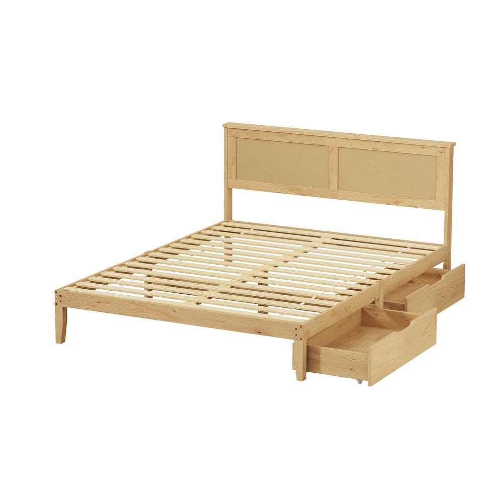 Queen Wooden Bed Frame with 2 Drawers & Rattan Headboard, Natural Colour