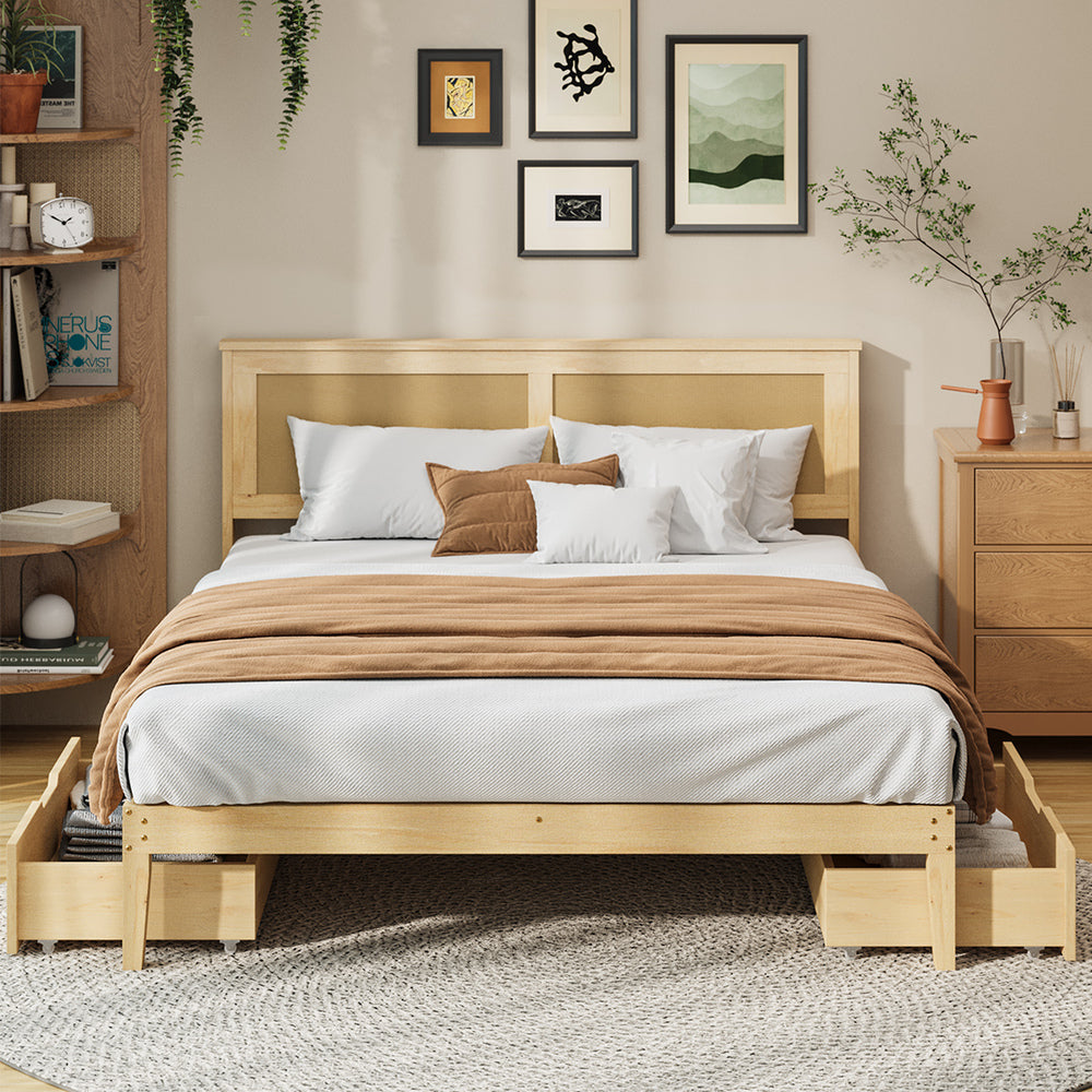 Queen Wooden Bed Frame with 2 Drawers & Rattan Headboard, Natural Colour