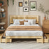 Queen Wooden Bed Frame with 2 Drawers & Rattan Headboard, Natural Colour