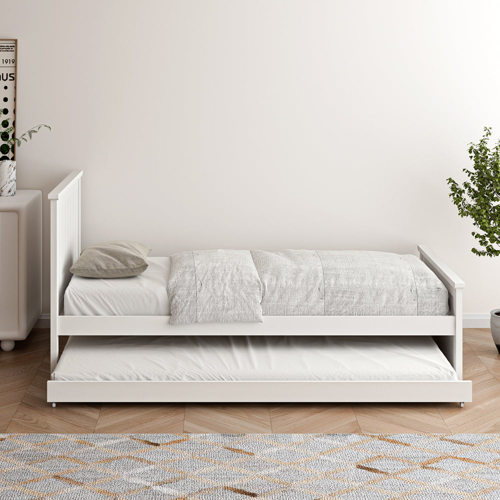 Oikiture Trundle Bed Frame Single Size Wooden Daybed White
