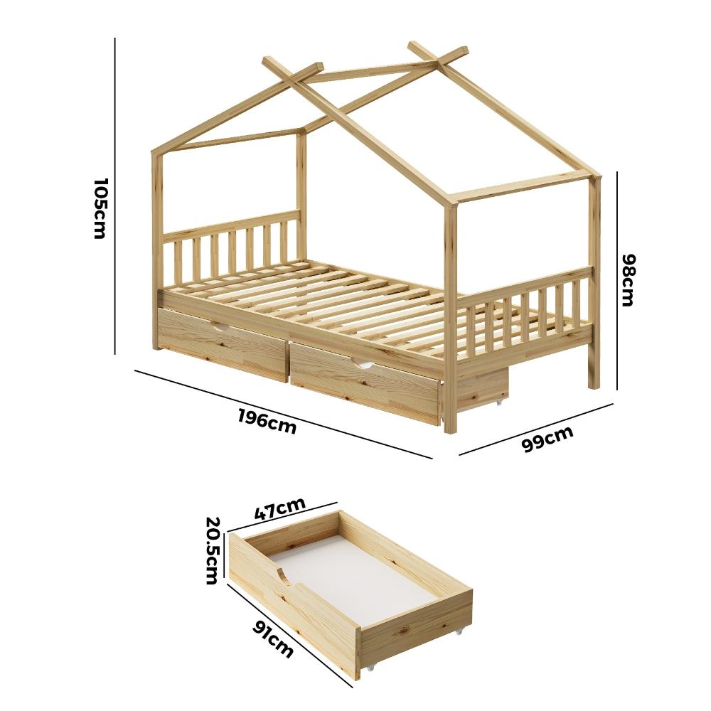 House Bed Frame Wooden Single Size with Drawers