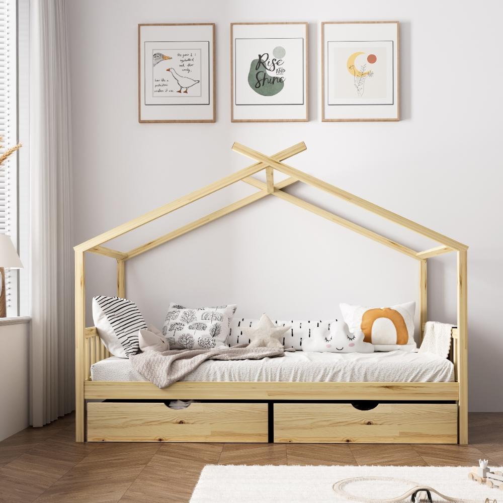 House Bed Frame Wooden Single Size with Drawers