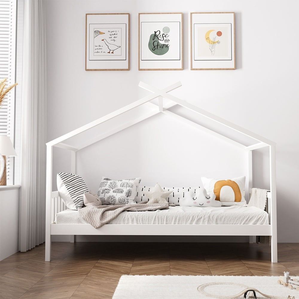 Bed Frame Wooden Kids Single Timber House Beds White