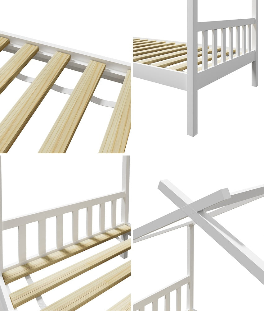 Bed Frame Wooden Kids Single Timber House Beds White