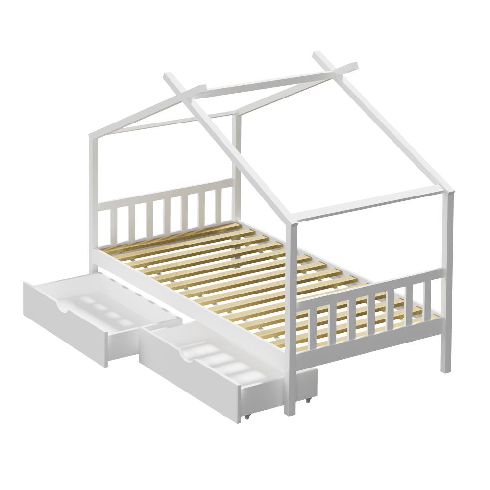 Bed Frame Wooden Single House Frame with Drawers White