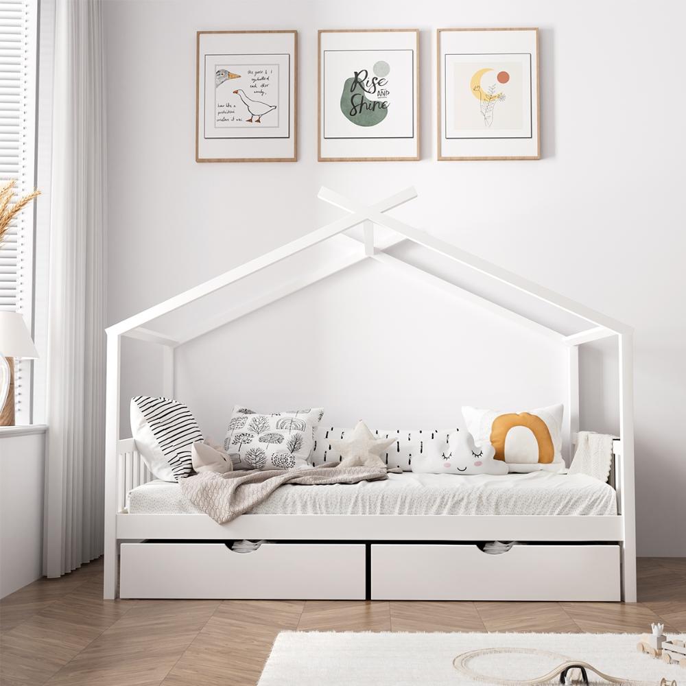 Bed Frame Wooden Single House Frame with Drawers White