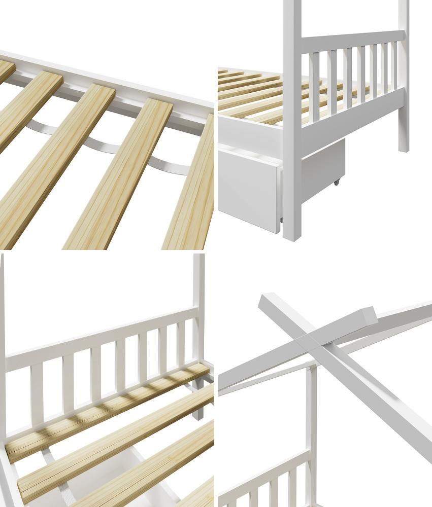 Bed Frame Wooden Single House Frame with Drawers White